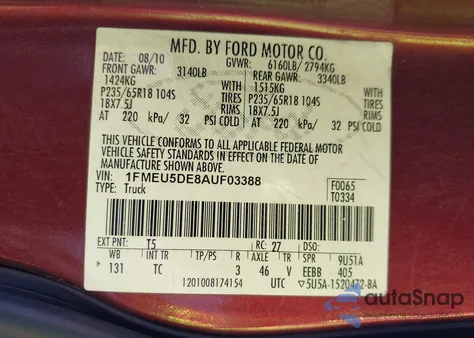 2010 Ford Explorer Sport Trac Limited из США, поврежденный, VIN 1FMEU5DE8AUF03388